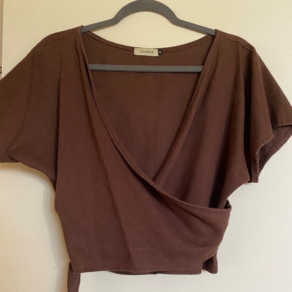 Brown linen wrap top - Picture 2 of 7